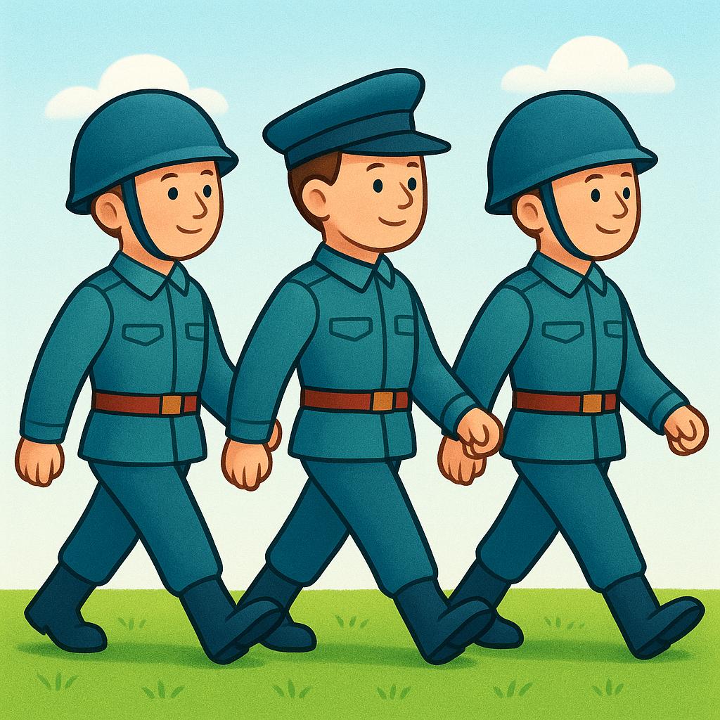 A line of three uniformed soldiers marching in formation across a grassy field, representing a military army.