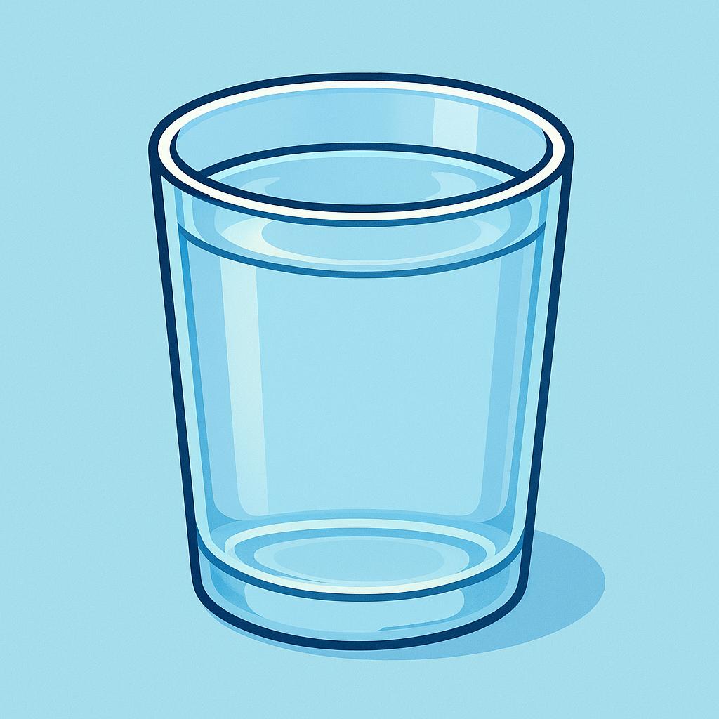 A clear glass cup filled completely to the brim with clear water, illustrating the concept of being full.