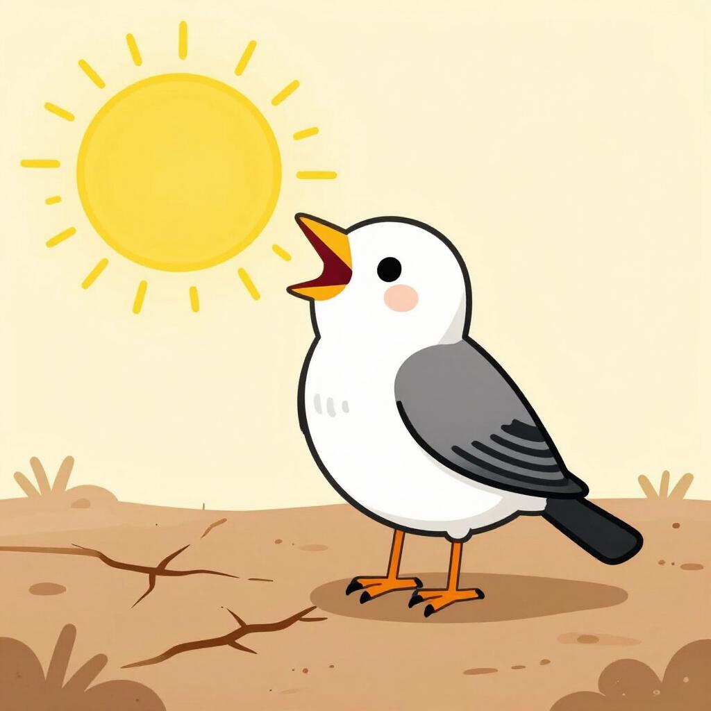 Un petit oiseau bec ouvert sur un sol sec et craquelé sous un soleil éclatant.