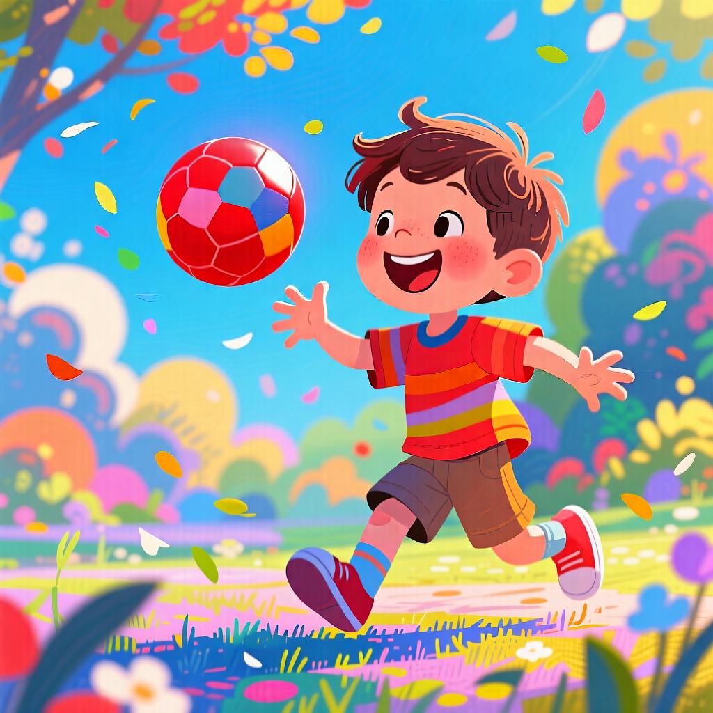 A cheerful young boy with dark hair laughing while kicking a soccer ball in a sunny park.