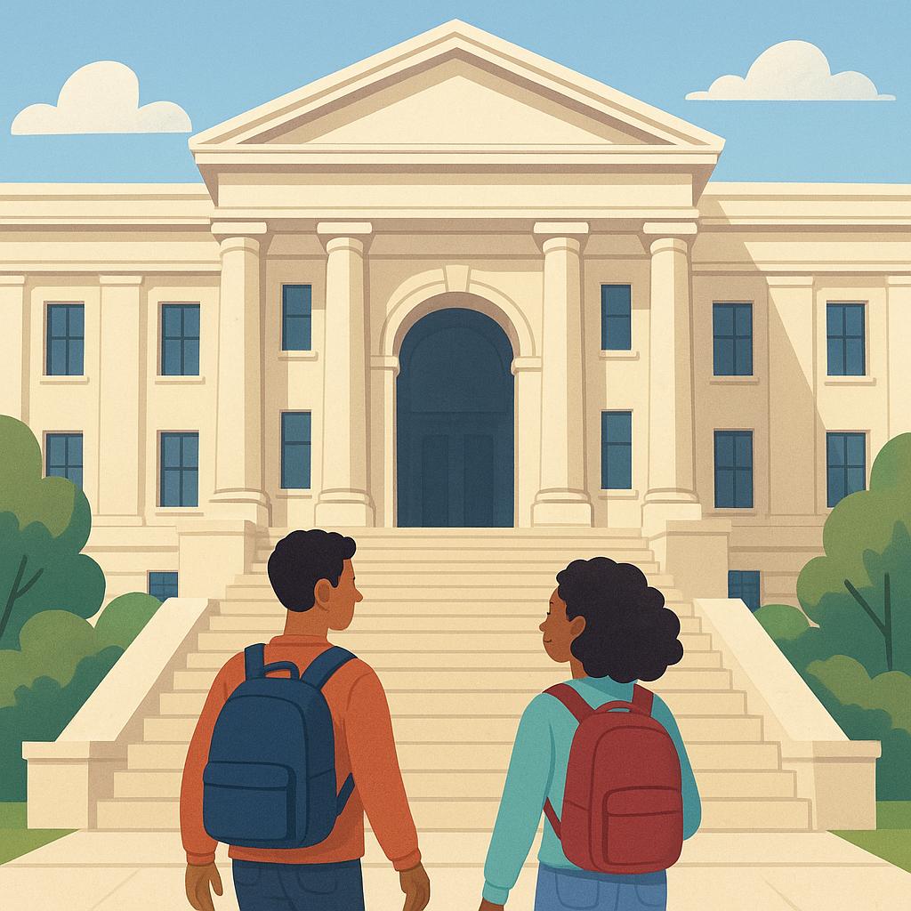 A stately, classic university building made of light stone, featuring tall columns and a prominent arched entrance. Two young students are walking up the front steps carrying backpacks.