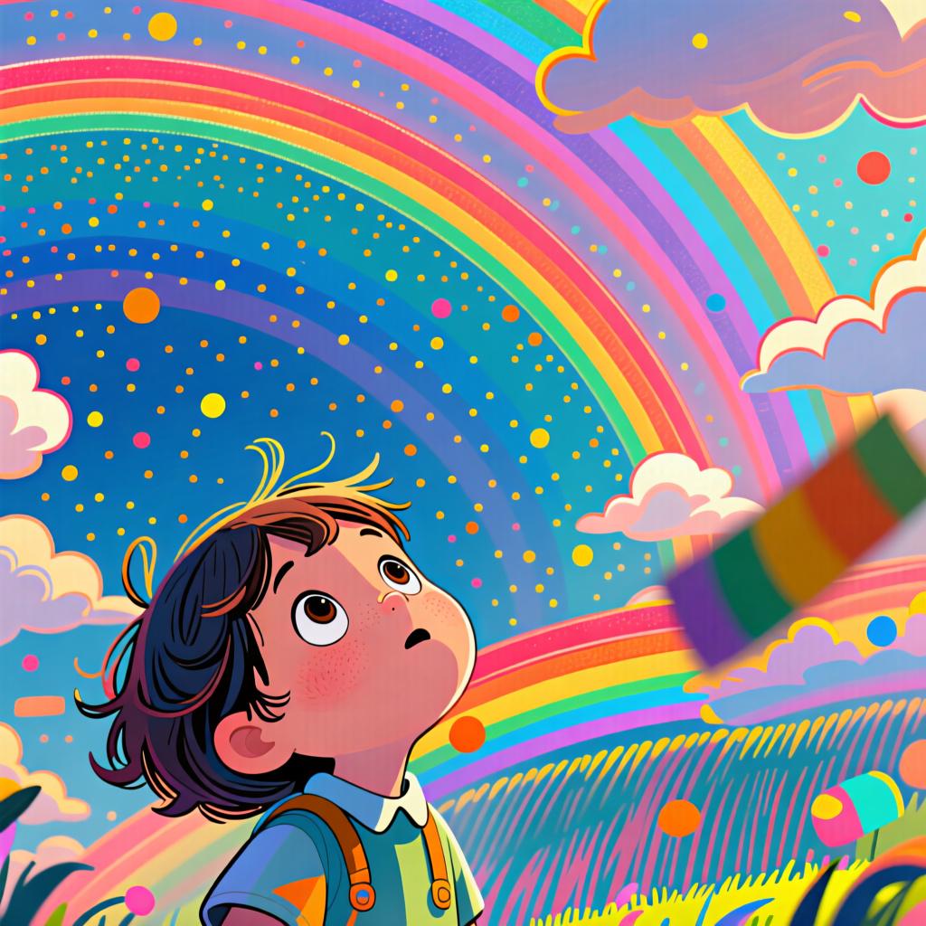 A child with an expression of pure amazement looking up at a giant, vibrant rainbow.