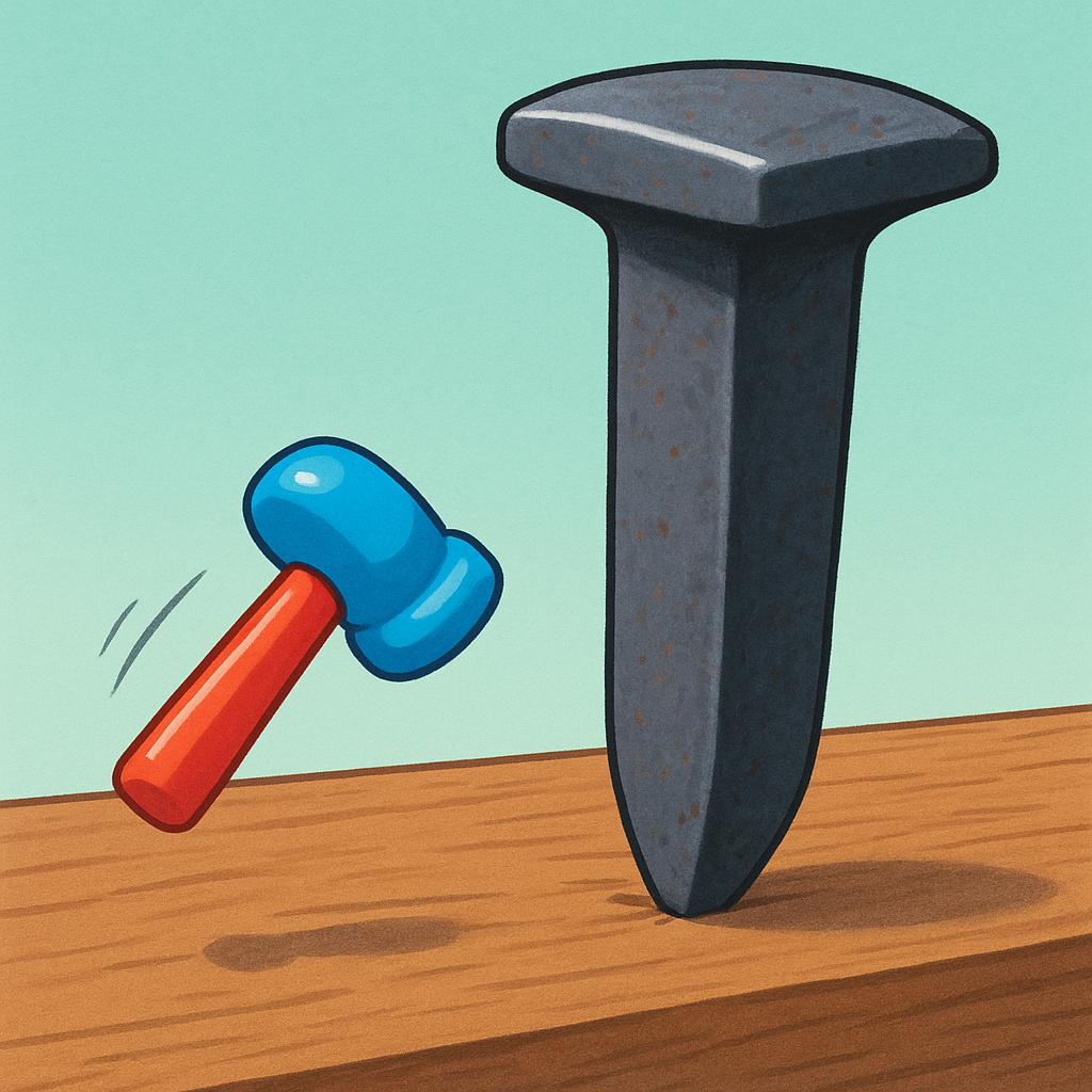 A tiny, useless toy hammer attempting to strike a massive metal railroad spike on a wooden surface, illustrating inadequacy.