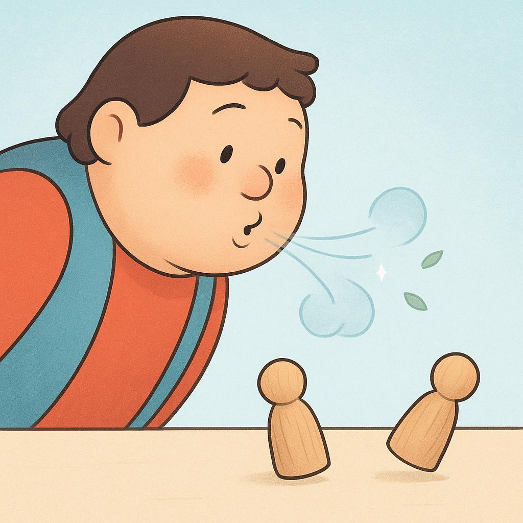 A large, friendly cartoon figure is blowing a gentle puff of air towards two smaller, stylized wooden figures, causing them to tip over onto the ground.