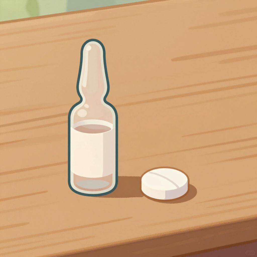 A small glass vial of amber liquid and a single white pill on a clean surface.