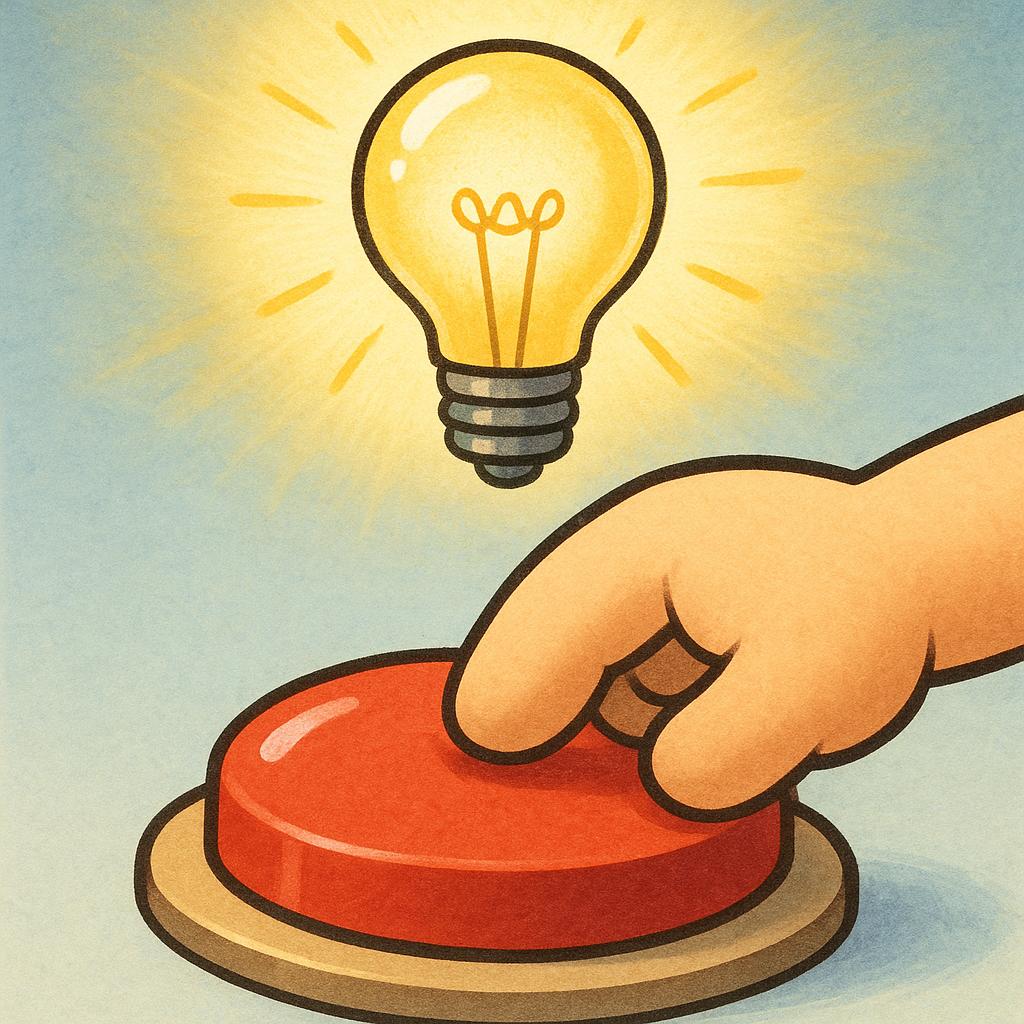 A cartoon hand pressing a large red button, causing a bright yellow light bulb positioned directly above it to instantly illuminate.