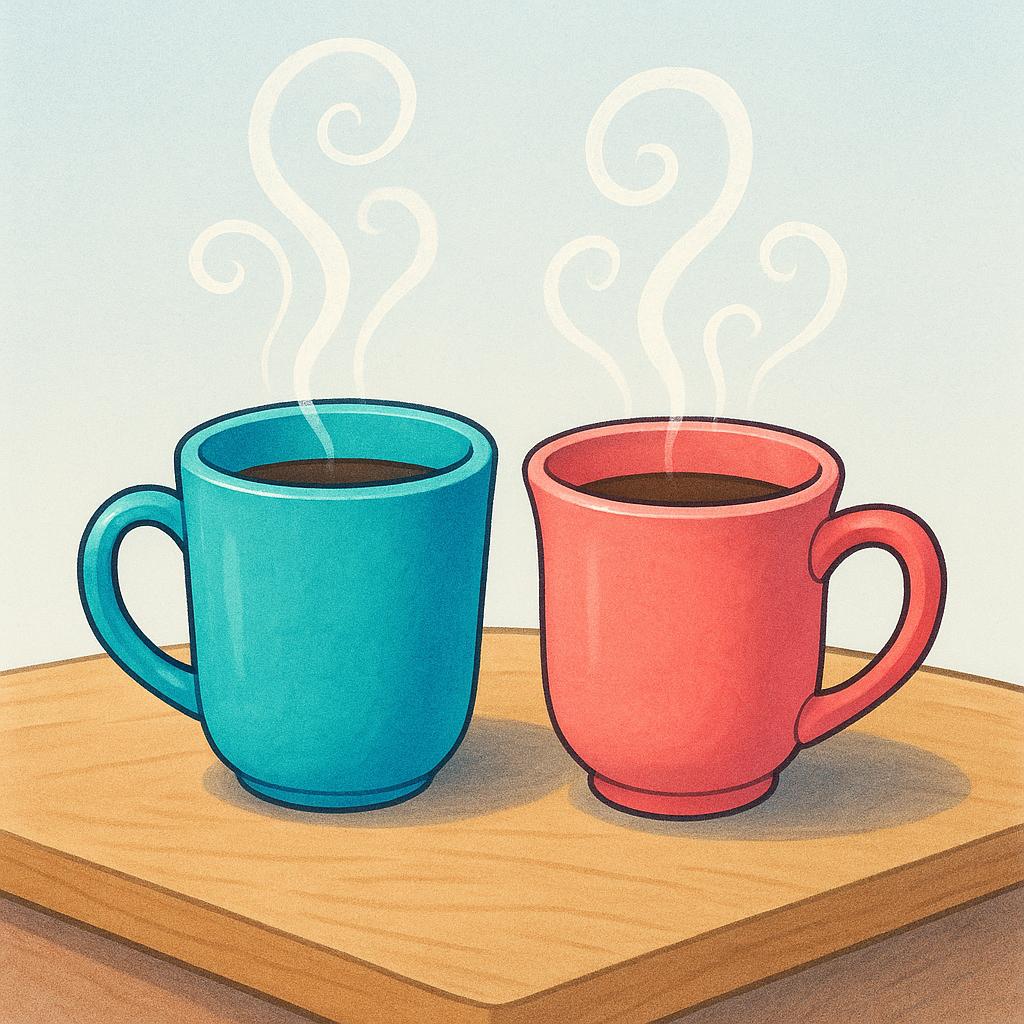 Two brightly colored mugs, both emitting visible steam, signifying high temperature.