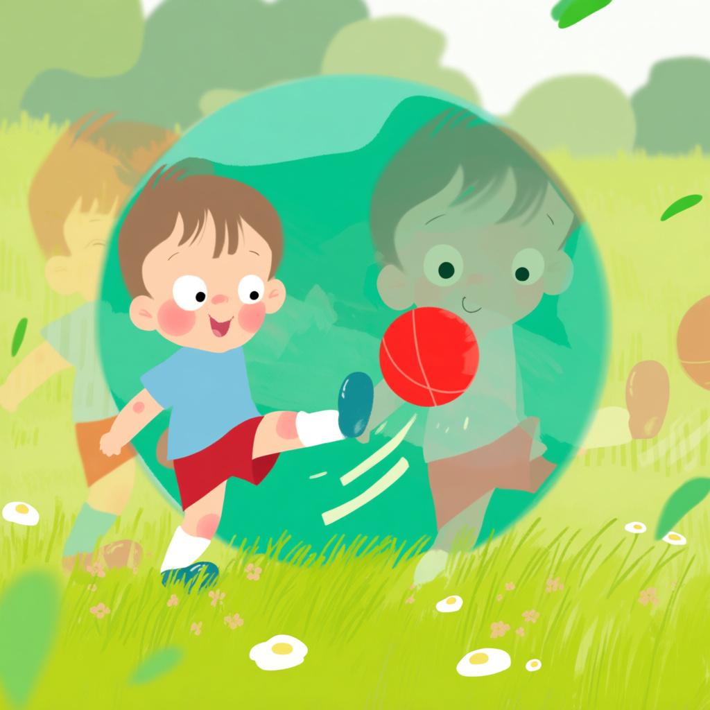 A toddler happily playing with a bright red ball in a sunny meadow, illustrating the concept of being young.