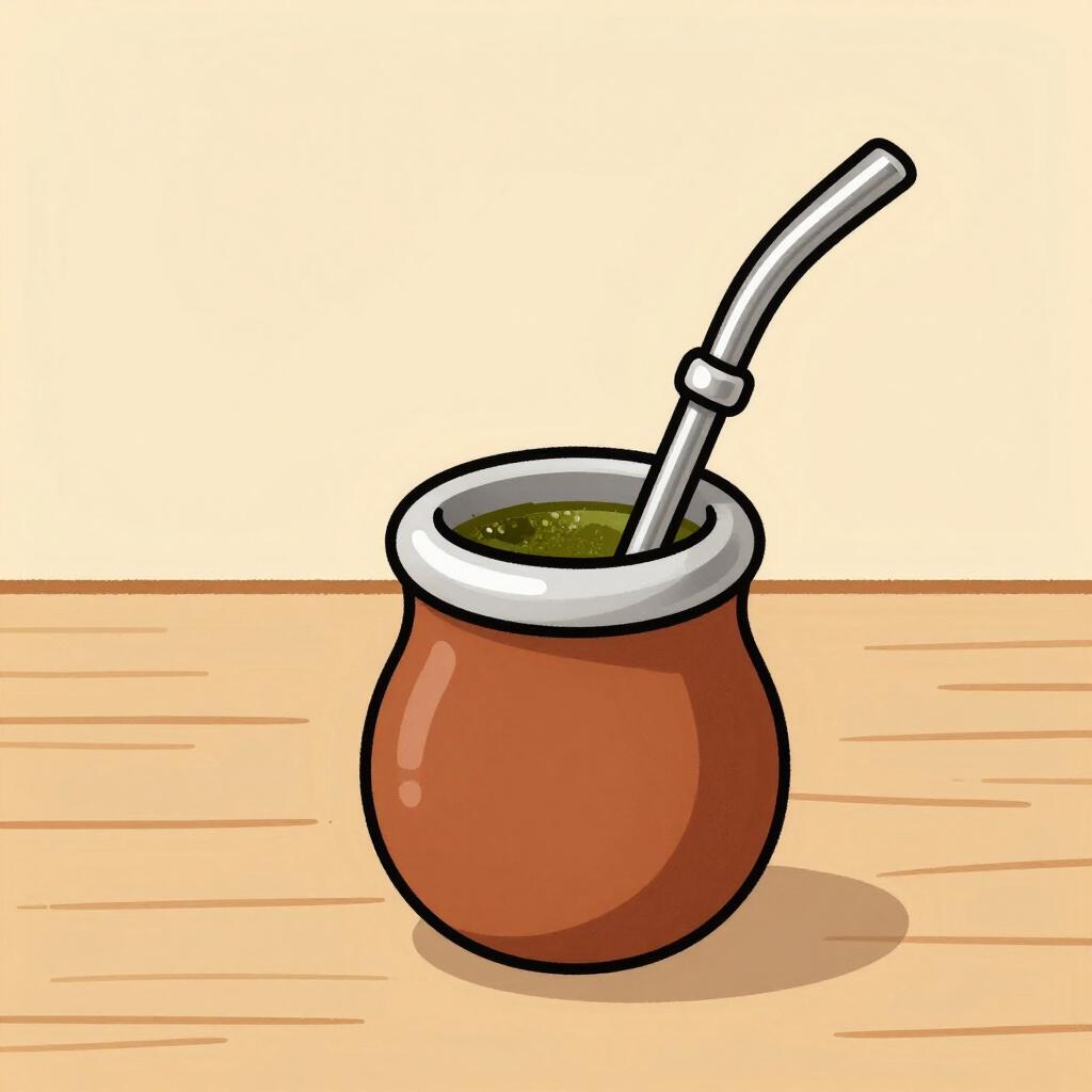 伝統的なマテ茶のカップと金属製のストローがシンプルな木製テーブルの上に置かれている。