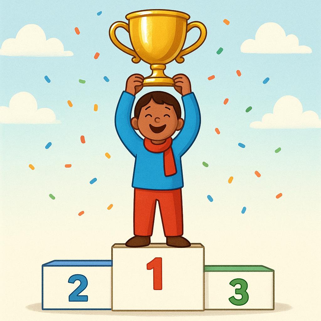 A smiling athlete standing on the top step of a victory podium holding a large gold trophy above their head.