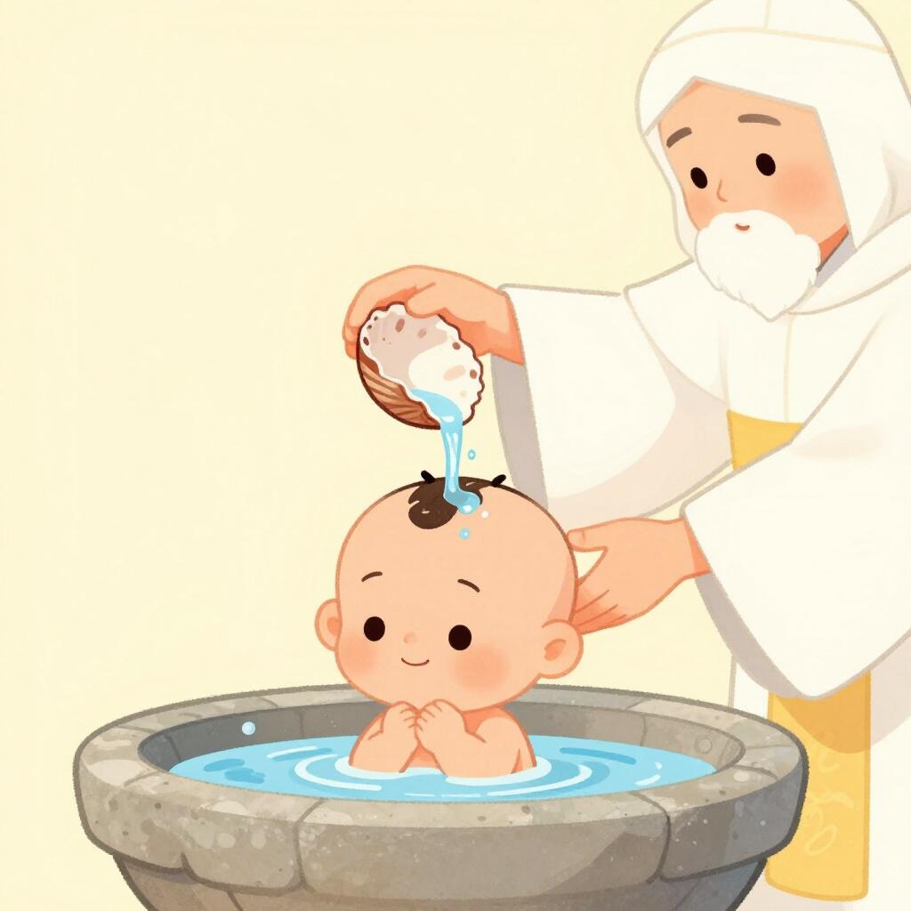 A priest gently pouring water over a baby's head over a stone font in a bright room.