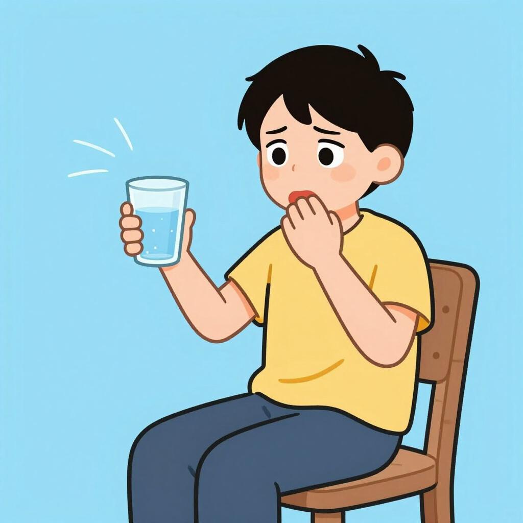 A person sitting on a chair with their hands clasped tightly, looking wide-eyed and slightly worried.