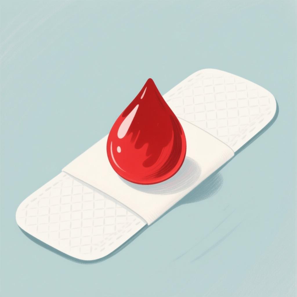 A single, bright red drop of blood resting on a clean white bandage, illustrating the physical liquid.