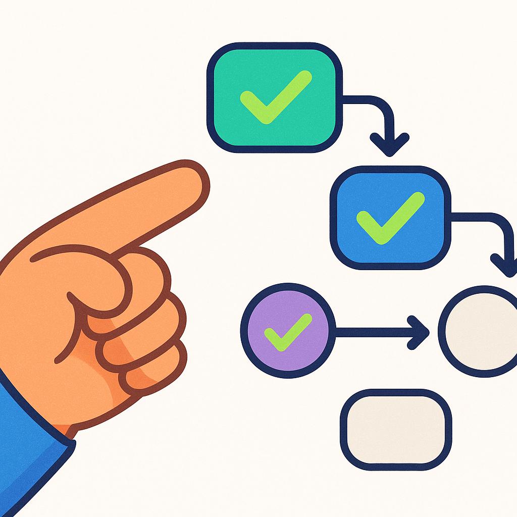 A colorful illustration of a hand pointing at a simplified blueprint or flow chart, demonstrating the action of carrying out a plan successfully.