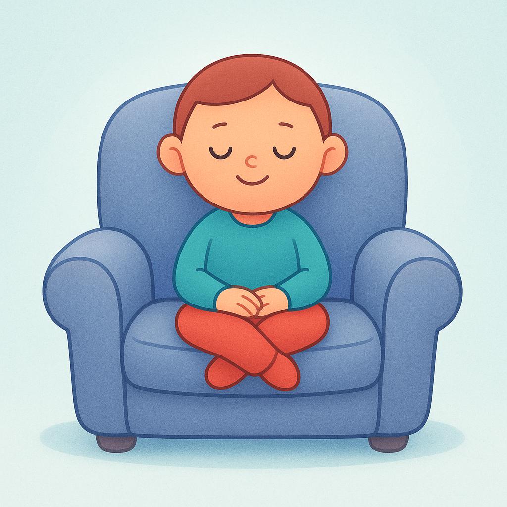 A simplified character sitting comfortably on a soft chair, smiling peacefully with their eyes closed, indicating deep contentment and satisfaction.