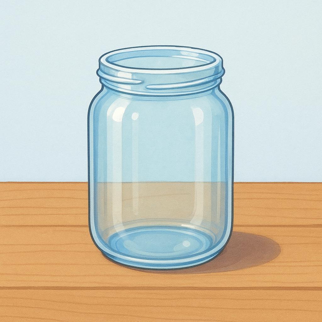 A transparent glass jar sitting on a simple wooden table. The jar is completely empty, showing only the background through the glass.
