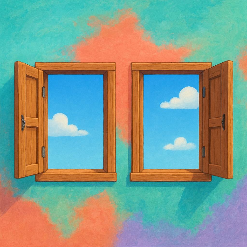 Two rustic wooden windows are wide open on a colorful wall, letting in bright sunlight and revealing a blue sky outside.