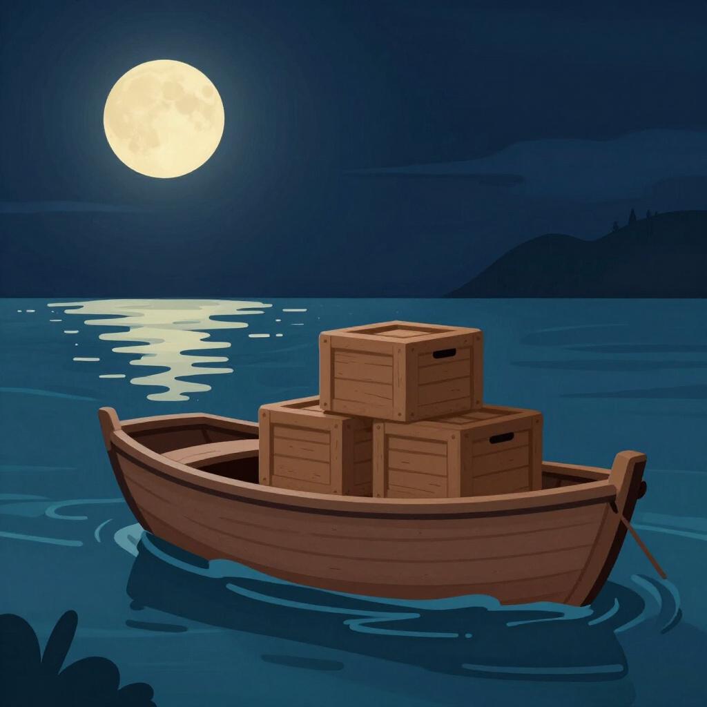 A dark silhouette of a small boat on a quiet sea at night carrying several unmarked crates.