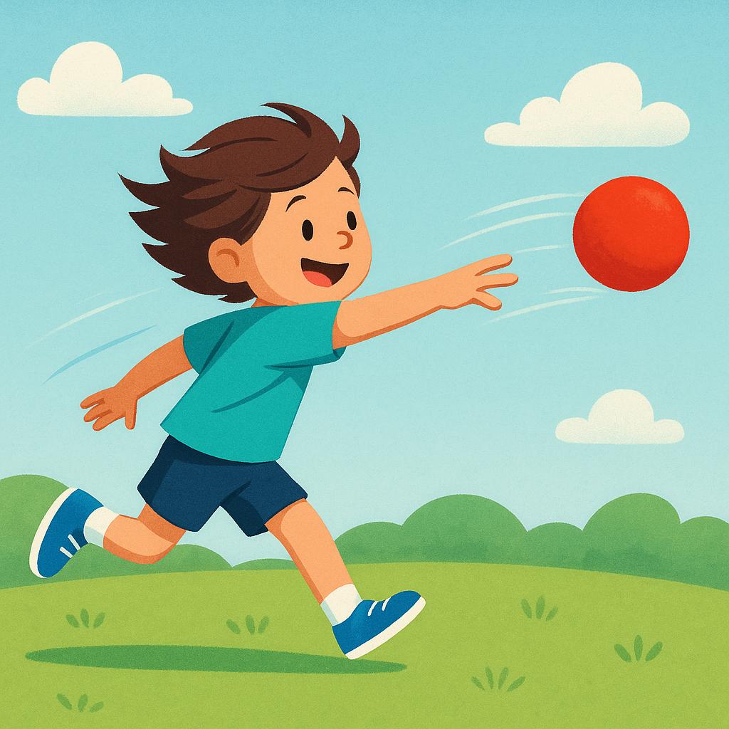 A young person with a determined expression throwing a bright red ball high into the air.