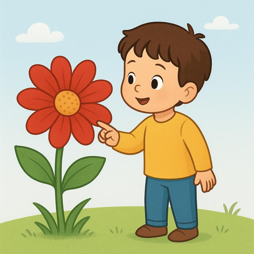 A child pointing enthusiastically at a single, large, vibrant red flower, showing intense observation.