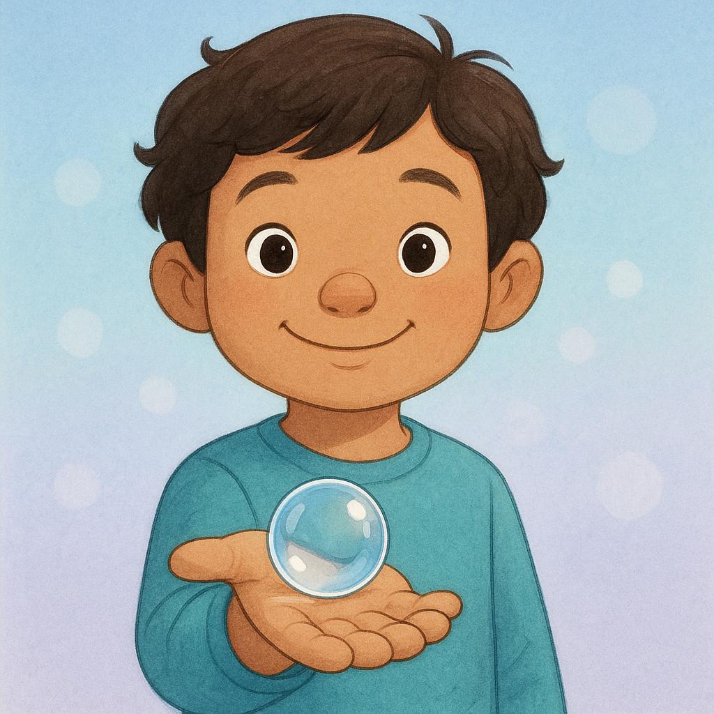A child with an open, sincere expression, holding a single transparent glass marble in their hand, symbolizing truth and sincerity.