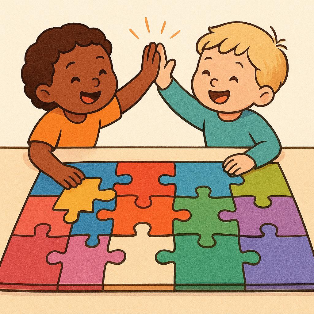 Two figures smiling as they place the final, completed piece into a large, colorful jigsaw puzzle, signaling the end of the task.