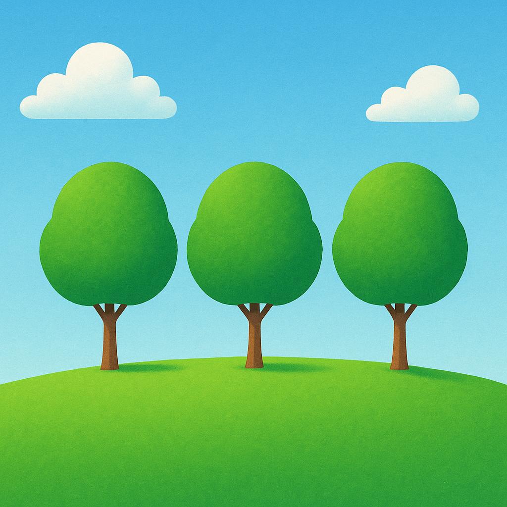Three identical green trees stand in a perfectly straight line on a sunny hill, emphasizing consistency and standard occurrence.