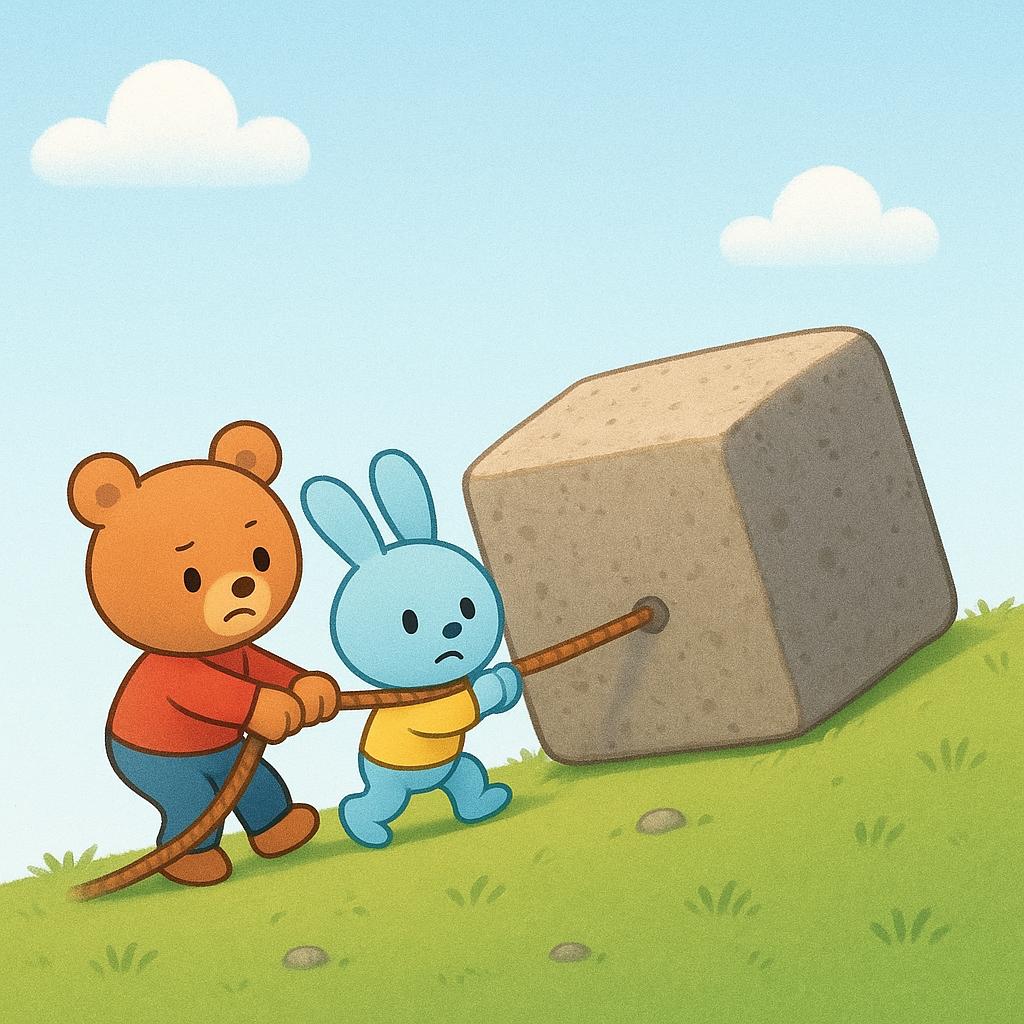 Two small figures straining together, pulling a large, heavy, square block up a slight incline using a thick rope, symbolizing a difficult past obligation.