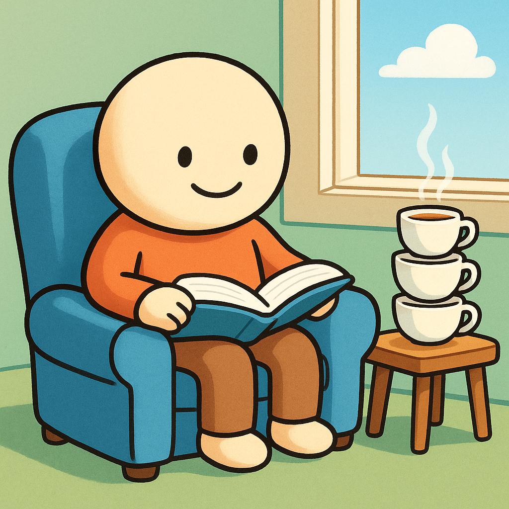 A friendly character sitting in a blue armchair next to a sunny window, holding an open book. On a small wooden side table, three identical, steaming cups of tea are stacked neatly, symbolizing a daily routine.