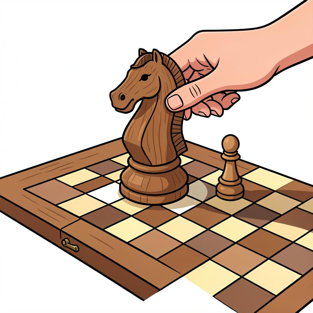 A single chess piece, a knight, moving strategically into an advantageous position on a wooden board.