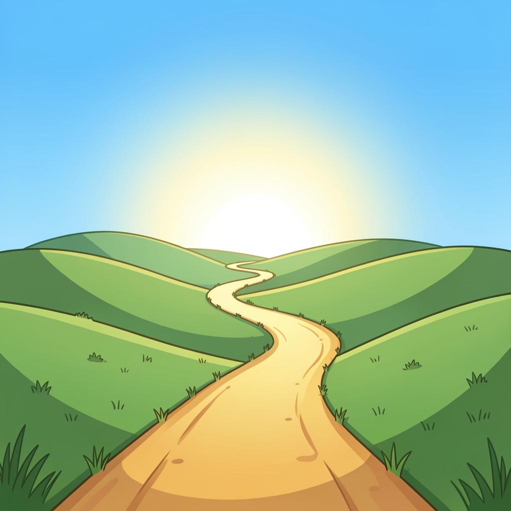 A long, golden path winding through rolling green hills and continuing toward a bright, endless horizon under a clear sky.