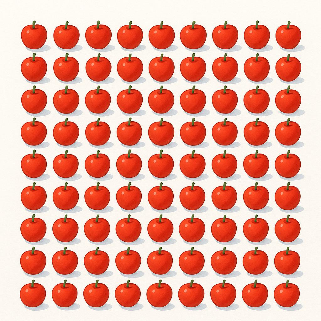 An illustration showing exactly one hundred small red apples arranged in a perfect ten-by-ten grid on a flat white surface.