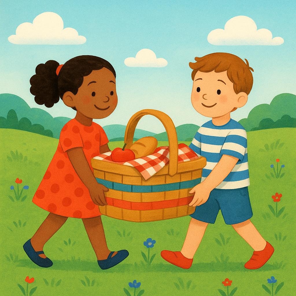 Two happy children smiling as they jointly carry a large, colorful picnic basket through a sunny green field.