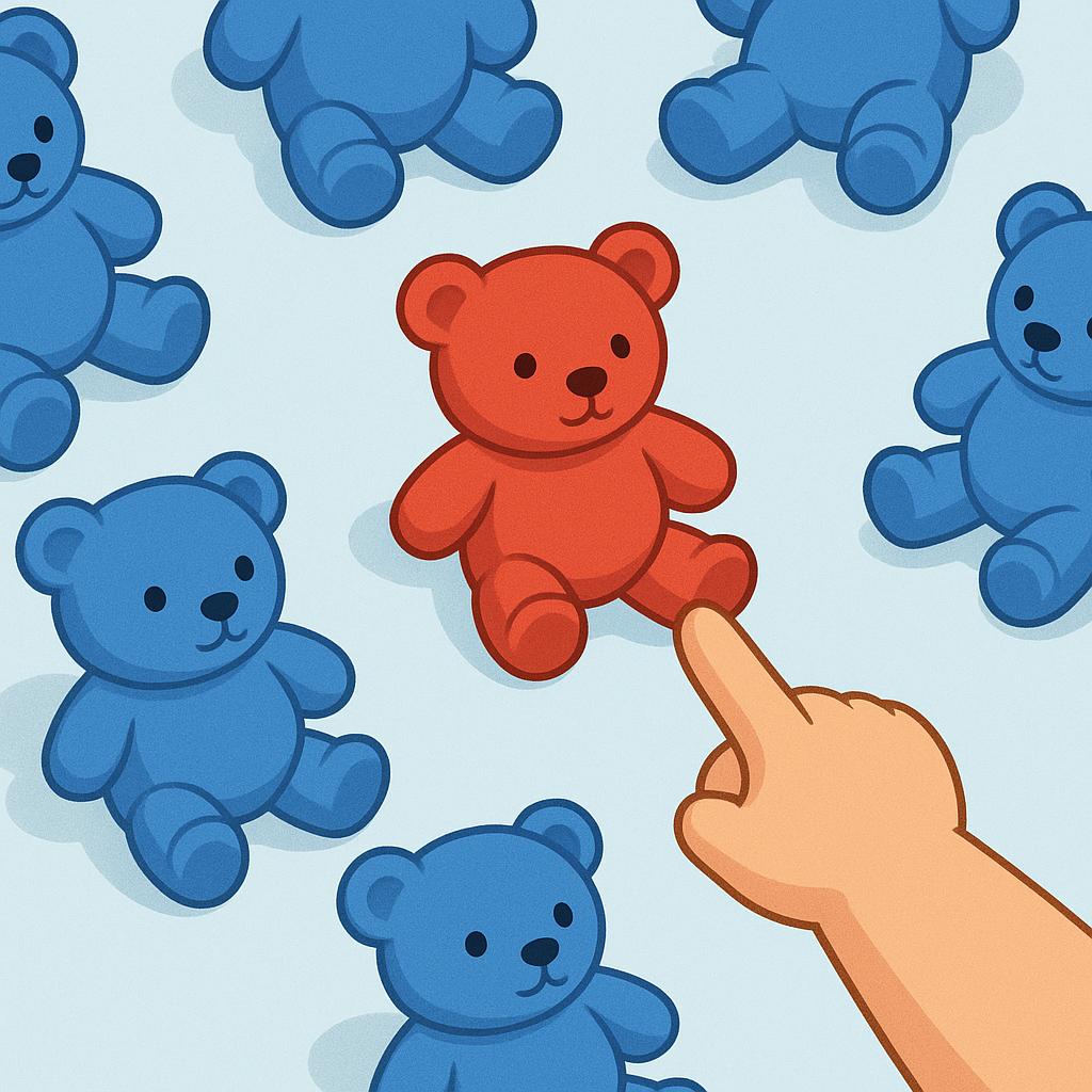 A close-up illustration of a child's hand pointing decisively at a single red teddy bear lying among several identical blue teddy bears, symbolizing recognition.