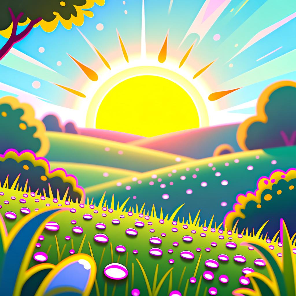 A beautiful sunrise over a peaceful green valley, representing the morning.