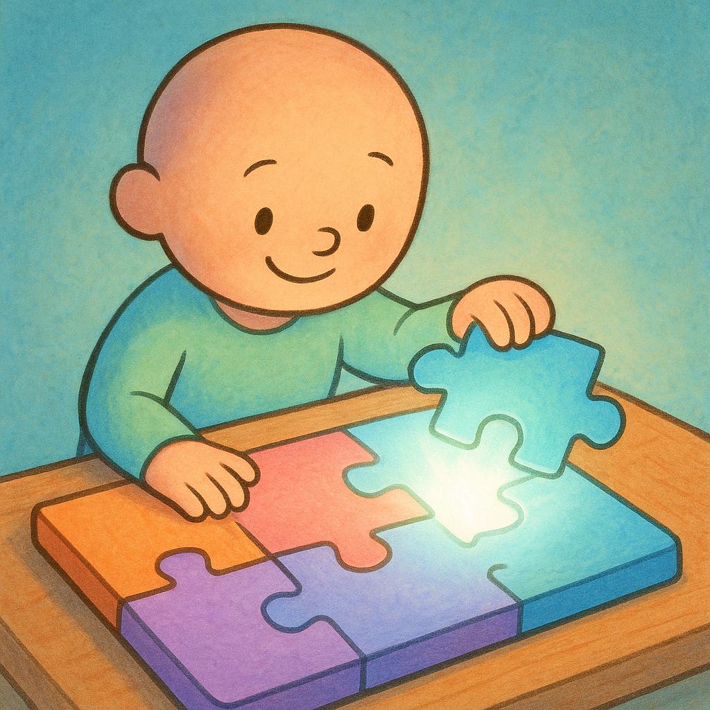 A small, smiling cartoon figure is placing the final piece into a brightly colored jigsaw puzzle, symbolizing the successful discovery of a fact or solution.