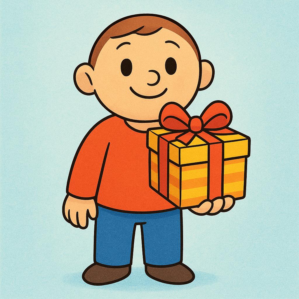 A cheerful cartoon character offers a brightly colored, wrapped gift box with both hands to another unseen character.