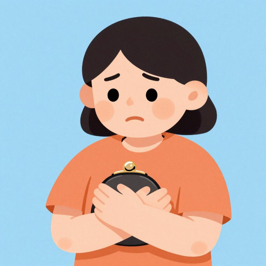 A person tightly clutching a small coin purse with both hands, looking protective and reluctant to open it.