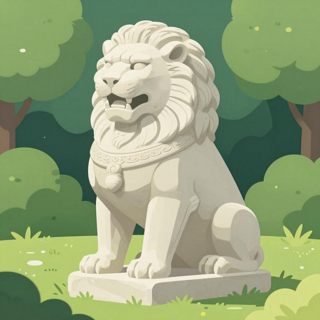 平和な庭に座っている古代のライオンの石像。摩耗の兆候は見られない。