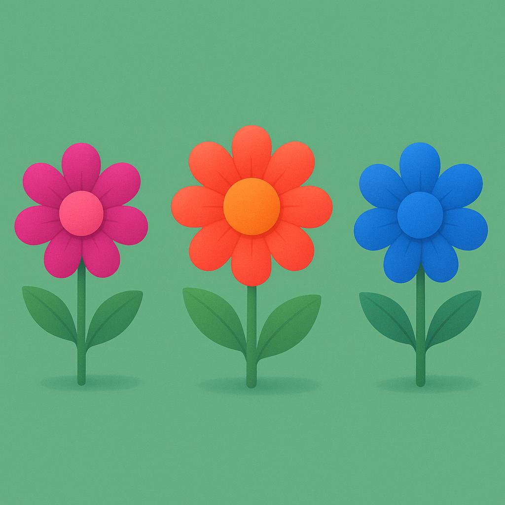 A line of three brightly colored storybook flowers. The flower in the middle is emphasized as the second item in the sequence.