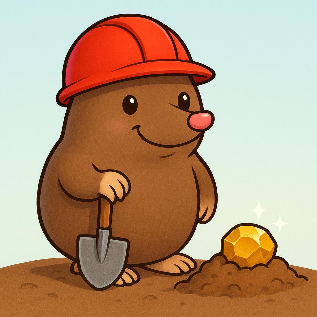 A smiling cartoon mole wearing a hard hat is delighted after digging up a shiny gold nugget. The mole holds a small shovel.