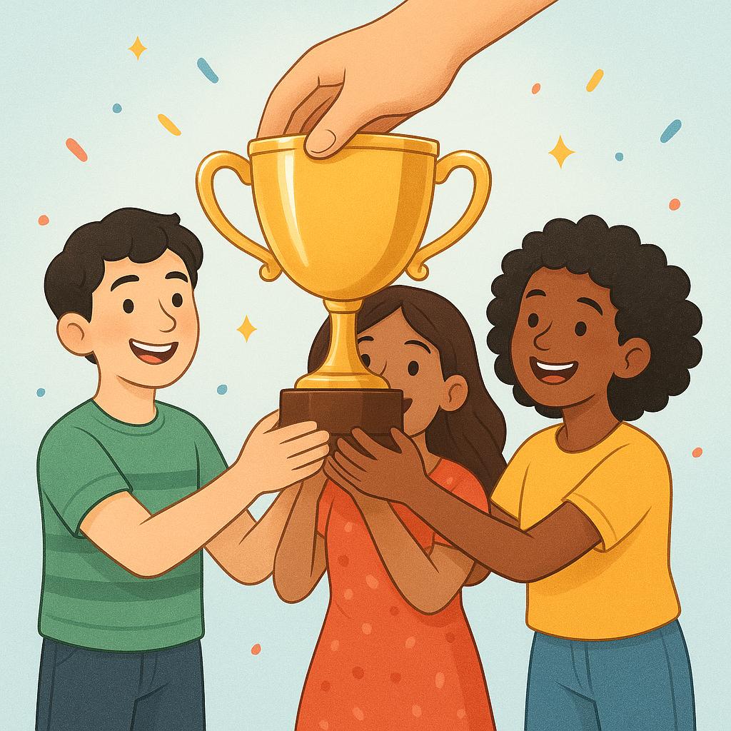 A colorful illustration showing three smiling friends standing close together, receiving a large, shared golden trophy from a hand that enters the frame from above, symbolizing a completed action directed towards their group.