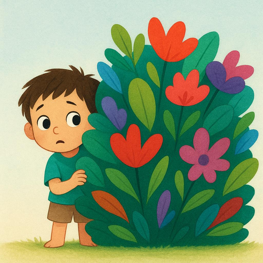 A small child with wide eyes peeking nervously from behind a large green bush, showing apprehension.