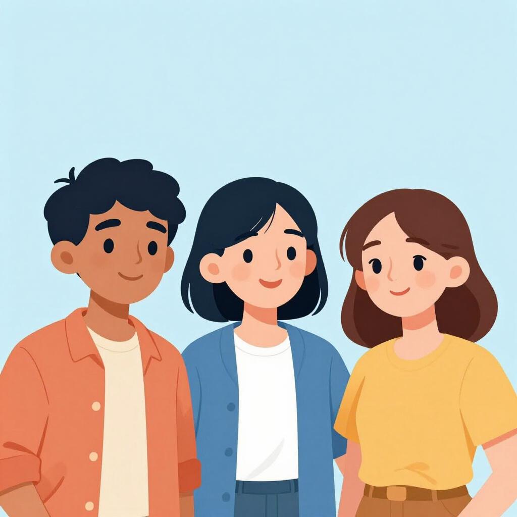 親しげに寄り添って笑顔で立っている3人のグループの写真。グループに呼びかける様子を表しています。