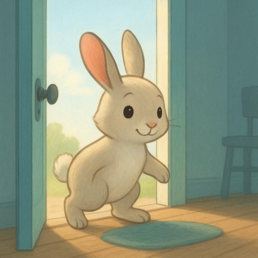 A simple visual of a friendly cartoon rabbit stepping across the threshold of an open wooden doorway, having just moved inside.