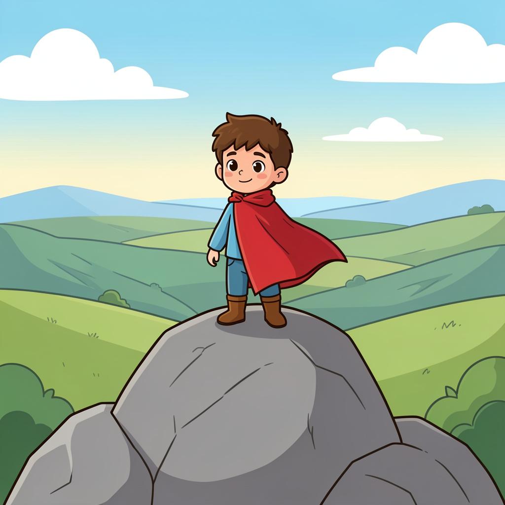 A small child in a cape standing tall on a mountain peak looking at the horizon.