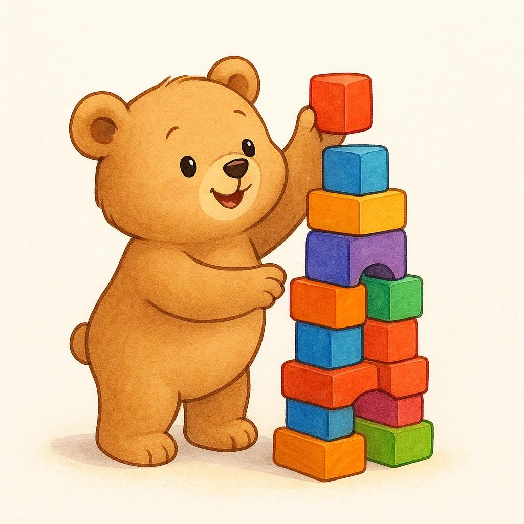 A smiling bear cub completes a wooden block tower by placing the final block on top.