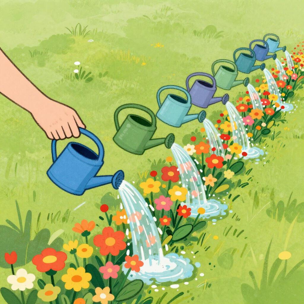 A row of several identical watering cans pouring water onto a row of many flourishing flowers.