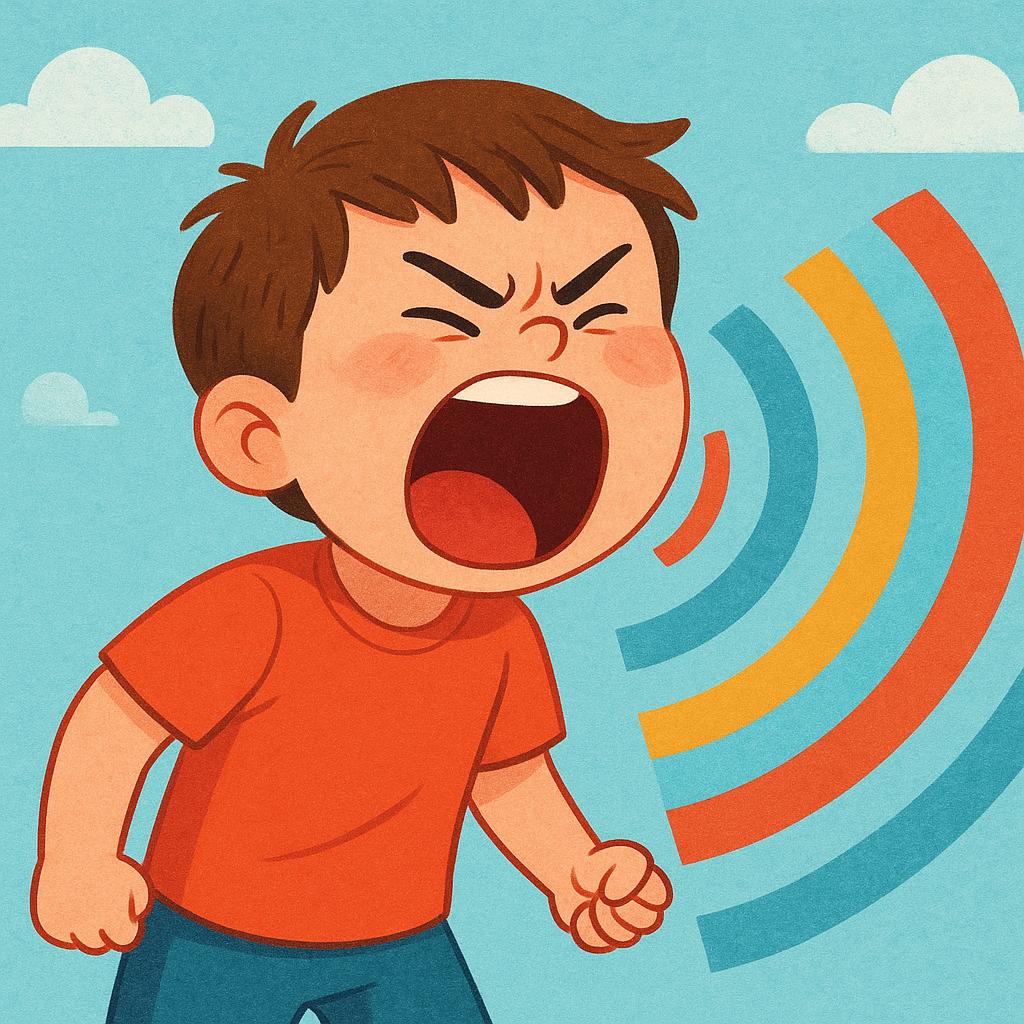 A storybook illustration of a young child, possibly a toddler, standing with their mouth wide open, shouting loudly. Exaggerated sound waves are visually emanating from the mouth.
