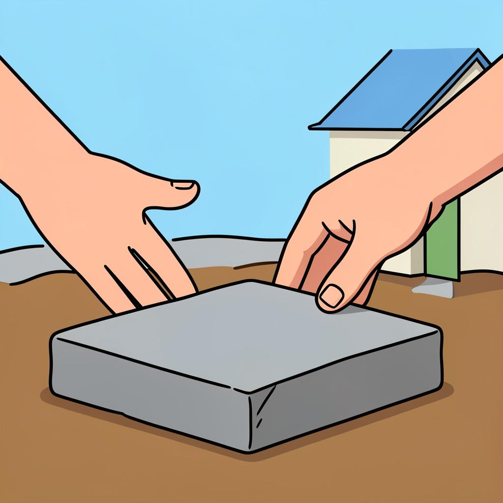A pair of hands carefully placing a large, flat stone as the foundation for a small stone structure.